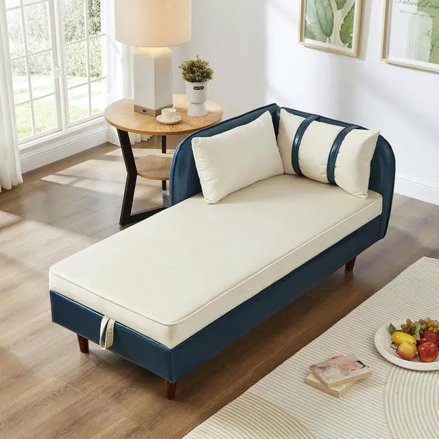 Alt view image 4 of 7 - 65" PU Upholstered Storage Chaise Lounge Sofa with Velvet Cushion and Pillows, Sleeper Chair with Right Hand Armrest, Lounge Sofa, Accent Reading Chair for Living Room, Bedroom, Beige + Blue