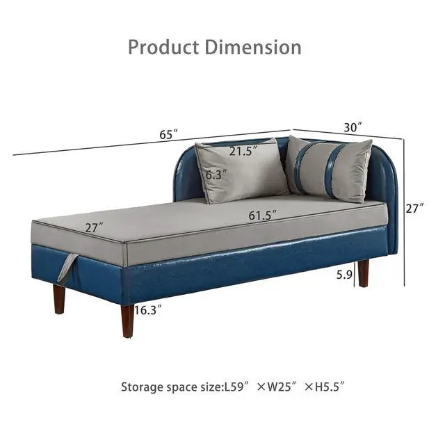 Alt view image 2 of 7 - 65" PU Upholstered Storage Chaise Lounge Sofa with Velvet Cushion and Pillows, Sleeper Chair with Right Hand Armrest, Lounge Sofa, Accent Reading Chair for Living Room, Bedroom, Blue + Grey