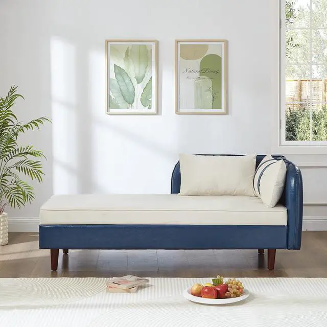 Alt view image 5 of 7 - 65" PU Upholstered Storage Chaise Lounge Sofa with Velvet Cushion and Pillows, Sleeper Chair with Right Hand Armrest, Lounge Sofa, Accent Reading Chair for Living Room, Bedroom, Beige + Blue