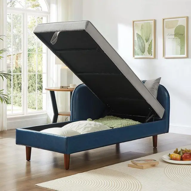 Alt view image 3 of 7 - 65" PU Upholstered Storage Chaise Lounge Sofa with Velvet Cushion and Pillows, Sleeper Chair with Right Hand Armrest, Lounge Sofa, Accent Reading Chair for Living Room, Bedroom, Blue + Grey