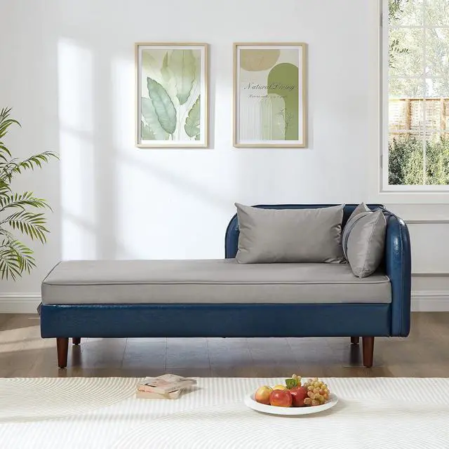 Alt view image 4 of 7 - 65" PU Upholstered Storage Chaise Lounge Sofa with Velvet Cushion and Pillows, Sleeper Chair with Right Hand Armrest, Lounge Sofa, Accent Reading Chair for Living Room, Bedroom, Blue + Grey