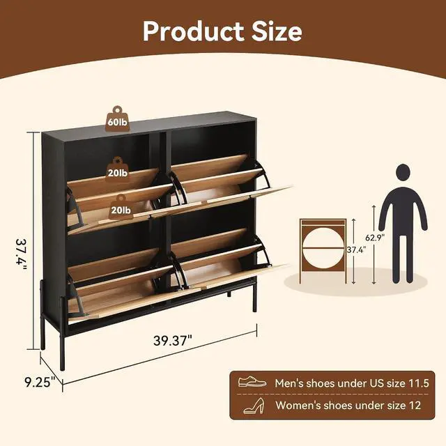 Alt view image 2 of 7 - Narrow Shoe Cabinet with 4 Flip-Down Drawers, Space-Saving Rattan Door Shoe Rack with Bottom Storage Area, Slim Wood Shoes Storage Organizer for Entryways, Hallway, Foyer, Living Room, Black + Oak