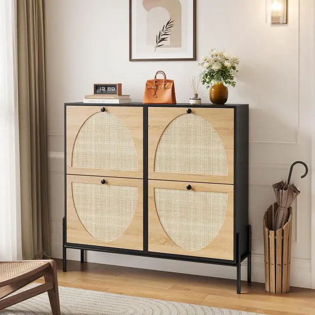 Main image of Narrow Shoe Cabinet with 4 Flip-Down Drawers, Space-Saving Rattan Door Shoe Rack with Bottom Storage Area, Slim Wood Shoes Storage Organizer for Entryways, Hallway, Foyer, Living Room, Black + Oak