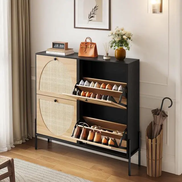 Alt view image 3 of 7 - Narrow Shoe Cabinet with 4 Flip-Down Drawers, Space-Saving Rattan Door Shoe Rack with Bottom Storage Area, Slim Wood Shoes Storage Organizer for Entryways, Hallway, Foyer, Living Room, Black + Oak