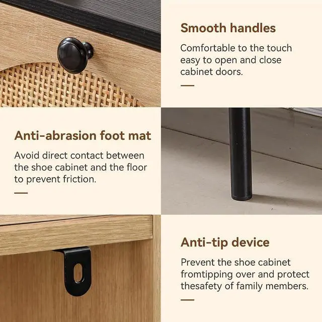 Alt view image 5 of 7 - Narrow Shoe Cabinet with 4 Flip-Down Drawers, Space-Saving Rattan Door Shoe Rack with Bottom Storage Area, Slim Wood Shoes Storage Organizer for Entryways, Hallway, Foyer, Living Room, Black + Oak
