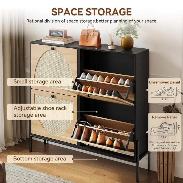 Alt view image 4 of 7 - Narrow Shoe Cabinet with 4 Flip-Down Drawers, Space-Saving Rattan Door Shoe Rack with Bottom Storage Area, Slim Wood Shoes Storage Organizer for Entryways, Hallway, Foyer, Living Room, Black + Oak