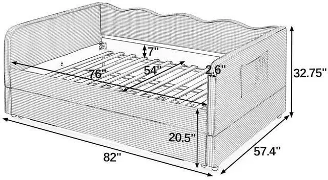 Alt view image 3 of 7 - 3 in 1 Full Daybed with Pop Up Trundle, Convertible Gingham Upholstered Sofa Bed with Side Storage Pockets, Extendable Guest Bed Frame for Teens Adults Bedroom Living Room, Dark Blue