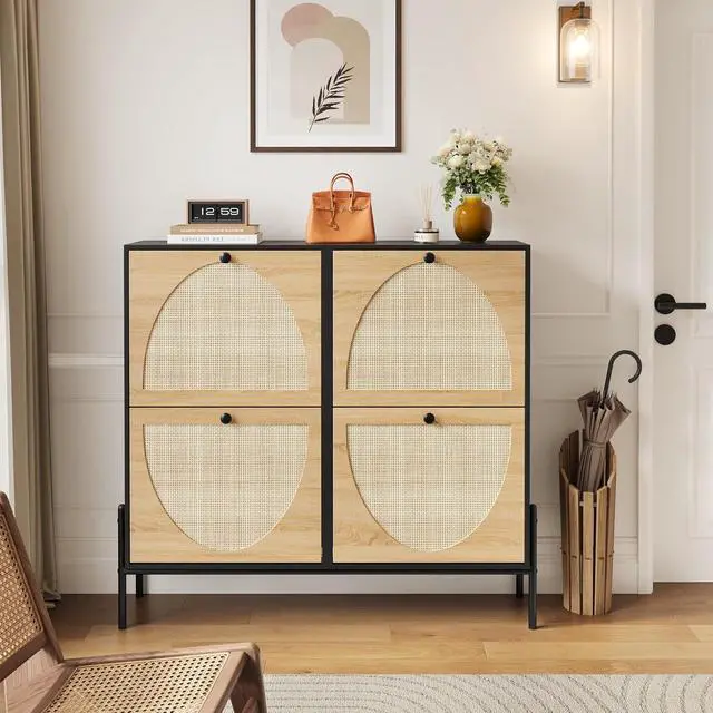 Alt view image 7 of 7 - Narrow Shoe Cabinet with 4 Flip-Down Drawers, Space-Saving Rattan Door Shoe Rack with Bottom Storage Area, Slim Wood Shoes Storage Organizer for Entryways, Hallway, Foyer, Living Room, Black + Oak