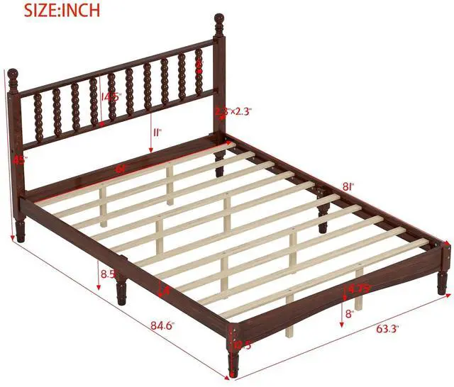 Alt view image 2 of 7 - Queen Size Platform Bed, Gourd Shaped Queen Headboard and Frame, Retro Style Wood Double Bed with Solid Wooden Slat Support, Noise-Free, Walnut