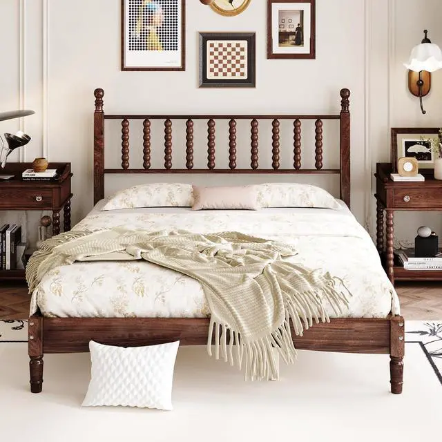 Alt view image 3 of 7 - Queen Size Platform Bed, Gourd Shaped Queen Headboard and Frame, Retro Style Wood Double Bed with Solid Wooden Slat Support, Noise-Free, Walnut