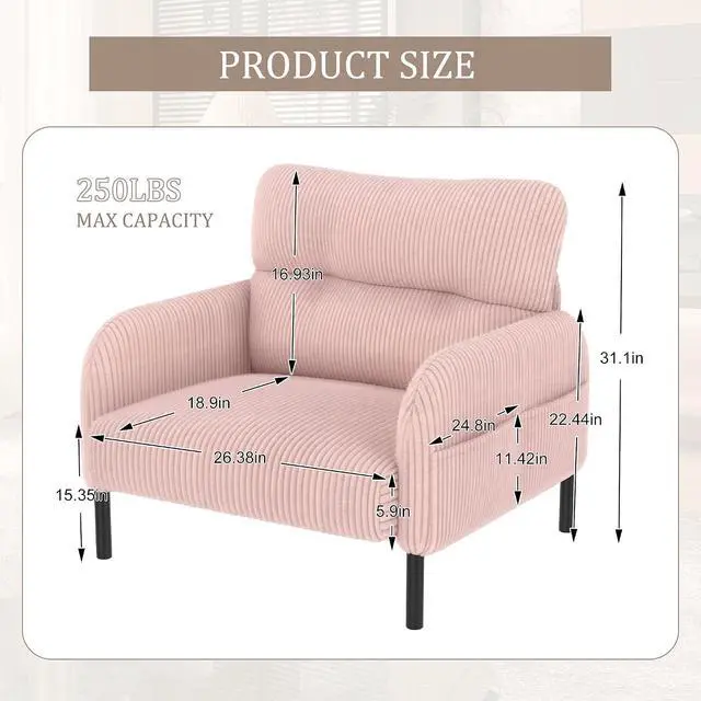 Alt view image 2 of 7 - Comfy Single Sofa Chair with Wide Seat, Corduroy Upholstered Modern Accent Armchair with Side Pockets and Reinforced Legs, Living Room Readubg Chair for Bedroom, Waiting Room, Balcony, Pink