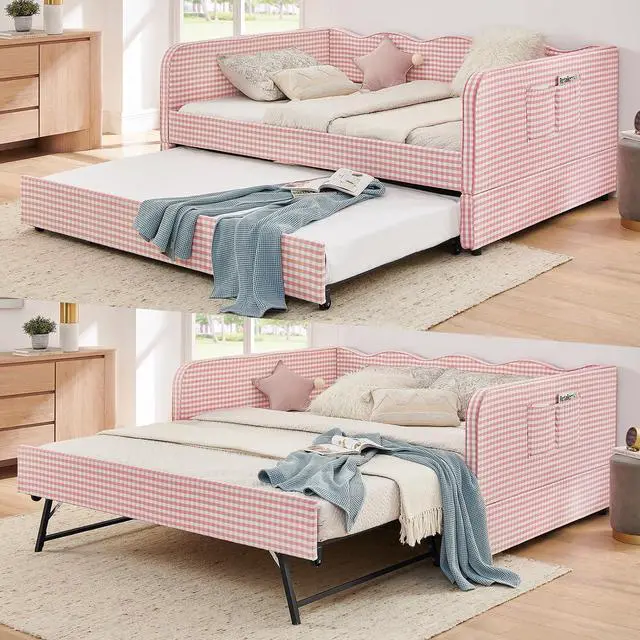 Main image of 3 in 1 Full Daybed with Pop Up Trundle, Convertible Gingham Upholstered Sofa Bed with Side Storage Pockets, Extendable Guest Bed Frame for Teens Adults Bedroom Living Room, Pink