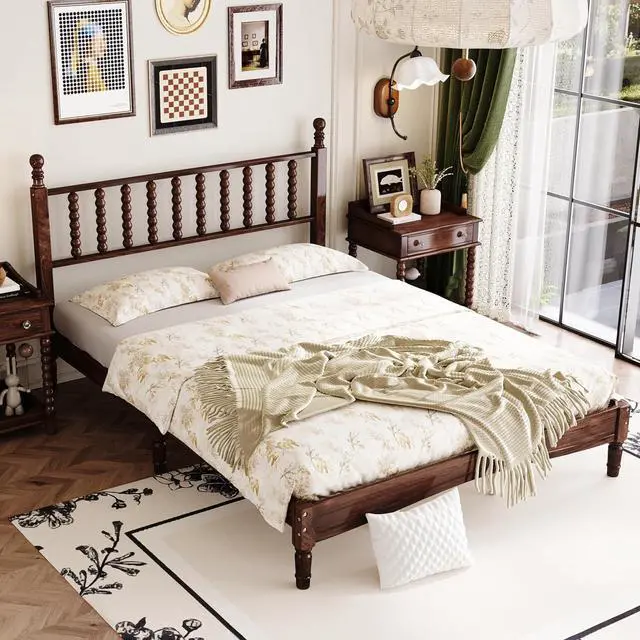Alt view image 4 of 7 - Queen Size Platform Bed, Gourd Shaped Queen Headboard and Frame, Retro Style Wood Double Bed with Solid Wooden Slat Support, Noise-Free, Walnut