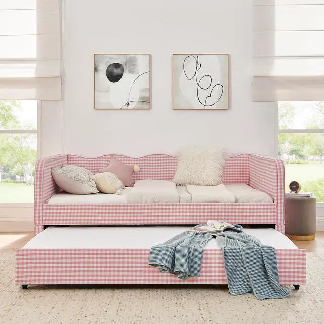 Alt view image 5 of 7 - 3 in 1 Full Daybed with Pop Up Trundle, Convertible Gingham Upholstered Sofa Bed with Side Storage Pockets, Extendable Guest Bed Frame for Teens Adults Bedroom Living Room, Pink