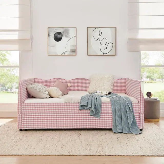 Alt view image 2 of 7 - 3 in 1 Full Daybed with Pop Up Trundle, Convertible Gingham Upholstered Sofa Bed with Side Storage Pockets, Extendable Guest Bed Frame for Teens Adults Bedroom Living Room, Pink