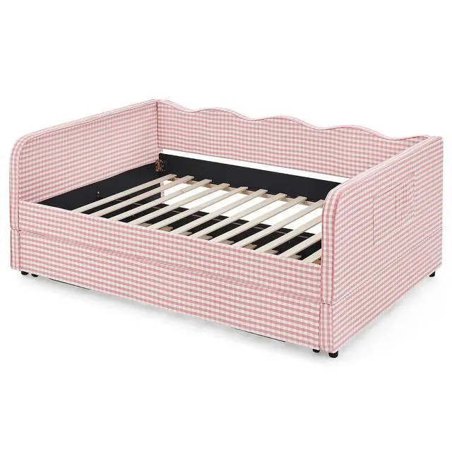 Alt view image 6 of 7 - 3 in 1 Full Daybed with Pop Up Trundle, Convertible Gingham Upholstered Sofa Bed with Side Storage Pockets, Extendable Guest Bed Frame for Teens Adults Bedroom Living Room, Pink