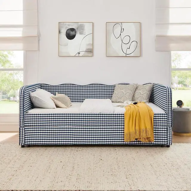 Alt view image 2 of 7 - 3 in 1 Full Daybed with Pop Up Trundle, Convertible Gingham Upholstered Sofa Bed with Side Storage Pockets, Extendable Guest Bed Frame for Teens Adults Bedroom Living Room, Dark Blue