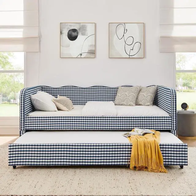 Alt view image 5 of 7 - 3 in 1 Full Daybed with Pop Up Trundle, Convertible Gingham Upholstered Sofa Bed with Side Storage Pockets, Extendable Guest Bed Frame for Teens Adults Bedroom Living Room, Dark Blue