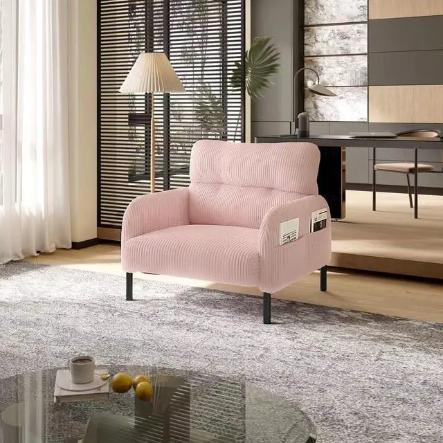 Main image of Comfy Single Sofa Chair with Wide Seat, Corduroy Upholstered Modern Accent Armchair with Side Pockets and Reinforced Legs, Living Room Readubg Chair for Bedroom, Waiting Room, Balcony, Pink