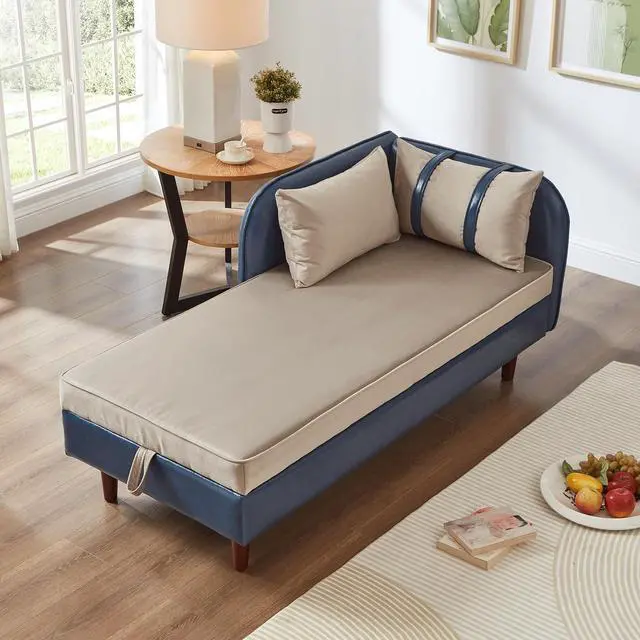 Alt view image 5 of 7 - 65" PU Upholstered Storage Chaise Lounge Sofa with Velvet Cushion and Pillows, Sleeper Chair with Right Hand Armrest, Lounge Sofa, Accent Reading Chair for Living Room, Bedroom, Blue + Grey