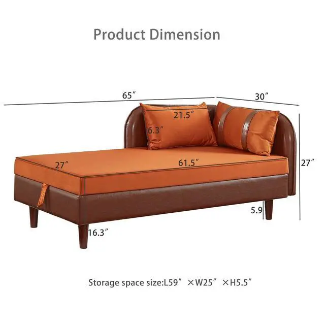 Alt view image 2 of 7 - 65" PU Upholstered Storage Chaise Lounge Sofa with Velvet Cushion and Pillows, Sleeper Chair with Right Hand Armrest, Lounge Sofa, Accent Reading Chair for Living Room, Bedroom, Orange + Dark Brown