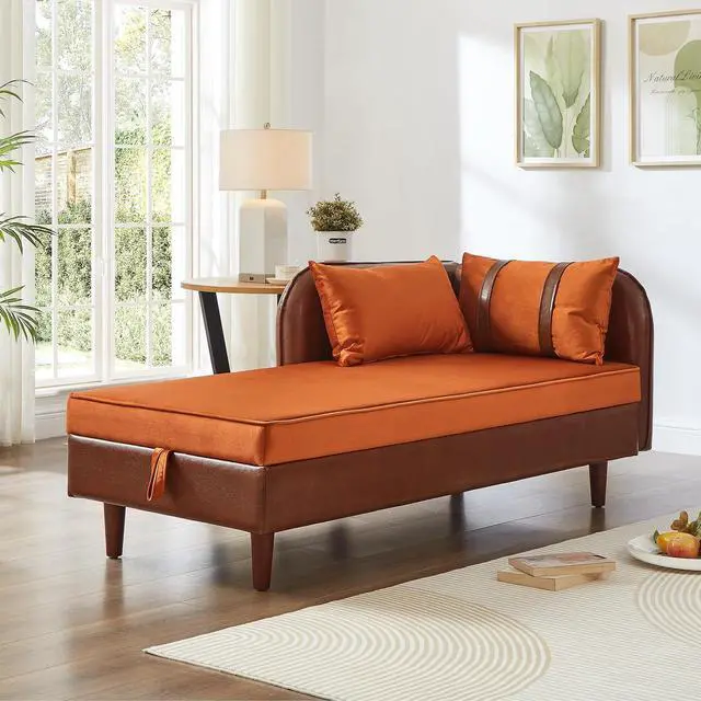Main image of 65" PU Upholstered Storage Chaise Lounge Sofa with Velvet Cushion and Pillows, Sleeper Chair with Right Hand Armrest, Lounge Sofa, Accent Reading Chair for Living Room, Bedroom, Orange + Dark Brown