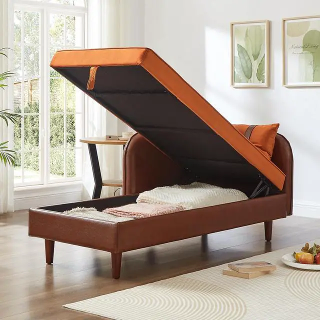 Alt view image 3 of 7 - 65" PU Upholstered Storage Chaise Lounge Sofa with Velvet Cushion and Pillows, Sleeper Chair with Right Hand Armrest, Lounge Sofa, Accent Reading Chair for Living Room, Bedroom, Orange + Dark Brown