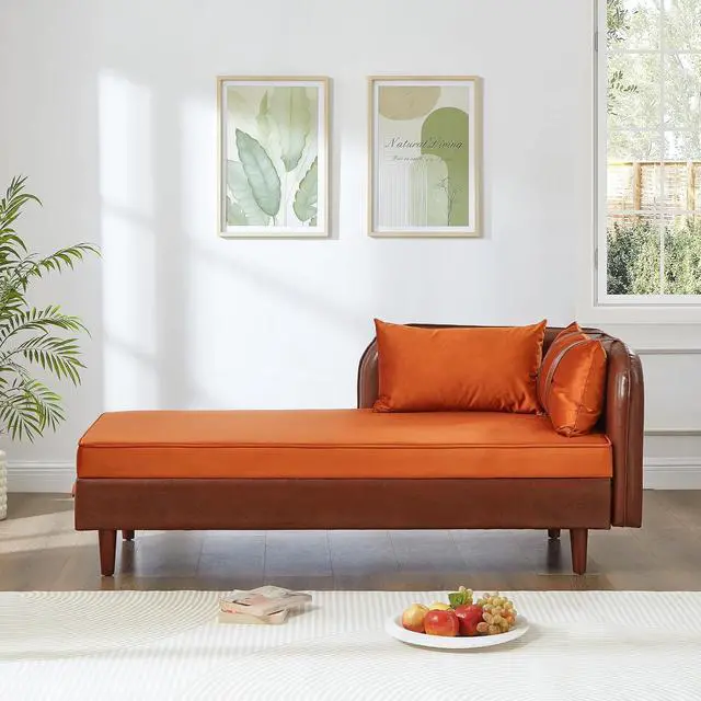 Alt view image 4 of 7 - 65" PU Upholstered Storage Chaise Lounge Sofa with Velvet Cushion and Pillows, Sleeper Chair with Right Hand Armrest, Lounge Sofa, Accent Reading Chair for Living Room, Bedroom, Orange + Dark Brown