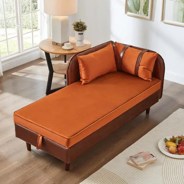 Alt view image 5 of 7 - 65" PU Upholstered Storage Chaise Lounge Sofa with Velvet Cushion and Pillows, Sleeper Chair with Right Hand Armrest, Lounge Sofa, Accent Reading Chair for Living Room, Bedroom, Orange + Dark Brown