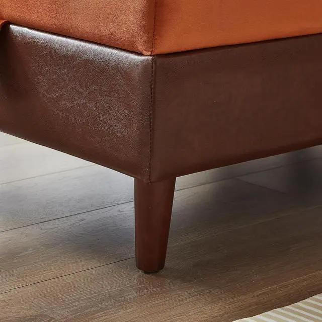 Alt view image 7 of 7 - 65" PU Upholstered Storage Chaise Lounge Sofa with Velvet Cushion and Pillows, Sleeper Chair with Right Hand Armrest, Lounge Sofa, Accent Reading Chair for Living Room, Bedroom, Orange + Dark Brown