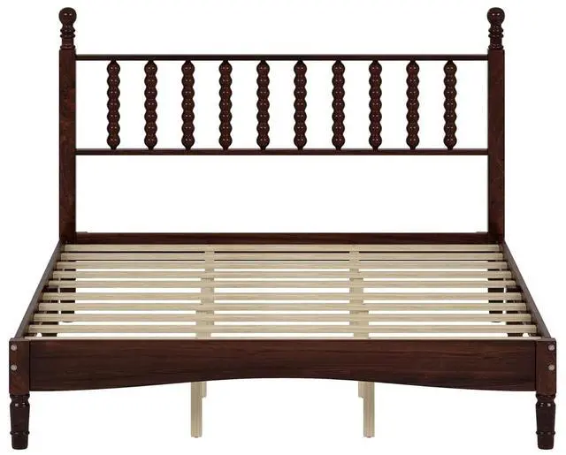 Alt view image 6 of 7 - Queen Size Platform Bed, Gourd Shaped Queen Headboard and Frame, Retro Style Wood Double Bed with Solid Wooden Slat Support, Noise-Free, Walnut