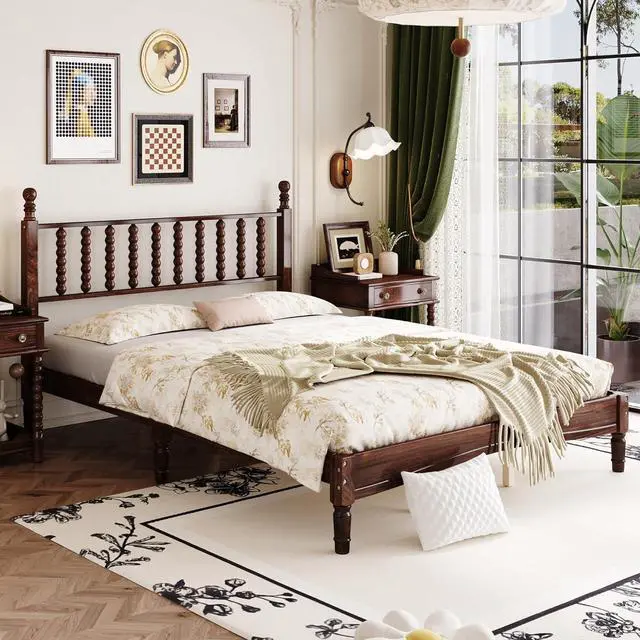 Alt view image 5 of 7 - Queen Size Platform Bed, Gourd Shaped Queen Headboard and Frame, Retro Style Wood Double Bed with Solid Wooden Slat Support, Noise-Free, Walnut