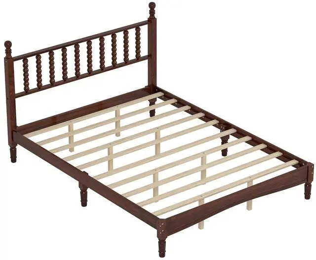 Alt view image 7 of 7 - Queen Size Platform Bed, Gourd Shaped Queen Headboard and Frame, Retro Style Wood Double Bed with Solid Wooden Slat Support, Noise-Free, Walnut