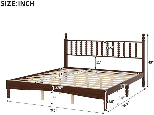 Alt view image 2 of 7 - King Size Platform Bed, Gourd Shaped King Headboard and Frame, Retro Style Wood Double Bed for Adults with Solid Wooden Slat Support, Noise-Free, Walnut