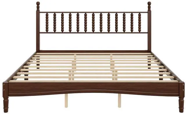 Alt view image 4 of 7 - King Size Platform Bed, Gourd Shaped King Headboard and Frame, Retro Style Wood Double Bed for Adults with Solid Wooden Slat Support, Noise-Free, Walnut