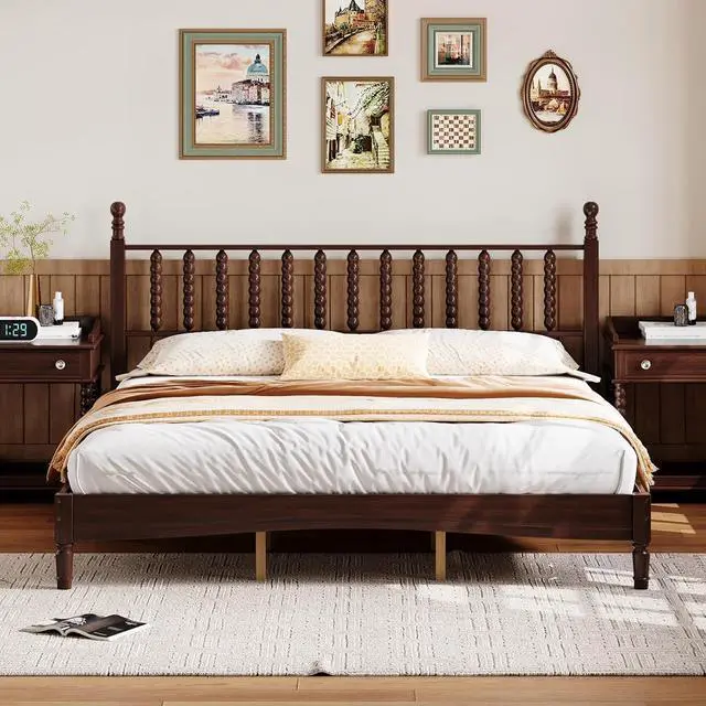 Alt view image 3 of 7 - King Size Platform Bed, Gourd Shaped King Headboard and Frame, Retro Style Wood Double Bed for Adults with Solid Wooden Slat Support, Noise-Free, Walnut