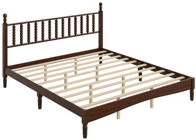 Alt view image 5 of 7 - King Size Platform Bed, Gourd Shaped King Headboard and Frame, Retro Style Wood Double Bed for Adults with Solid Wooden Slat Support, Noise-Free, Walnut