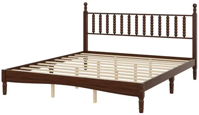 Alt view image 6 of 7 - King Size Platform Bed, Gourd Shaped King Headboard and Frame, Retro Style Wood Double Bed for Adults with Solid Wooden Slat Support, Noise-Free, Walnut