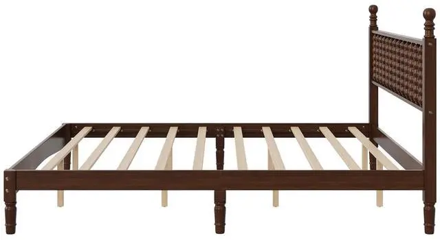 Alt view image 7 of 7 - King Size Platform Bed, Gourd Shaped King Headboard and Frame, Retro Style Wood Double Bed for Adults with Solid Wooden Slat Support, Noise-Free, Walnut
