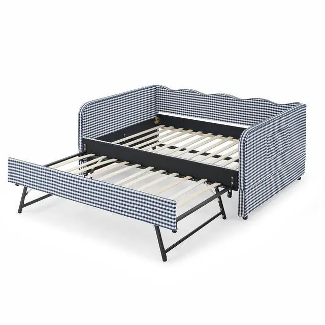 Alt view image 6 of 7 - 3 in 1 Full Daybed with Pop Up Trundle, Convertible Gingham Upholstered Sofa Bed with Side Storage Pockets, Extendable Guest Bed Frame for Teens Adults Bedroom Living Room, Dark Blue