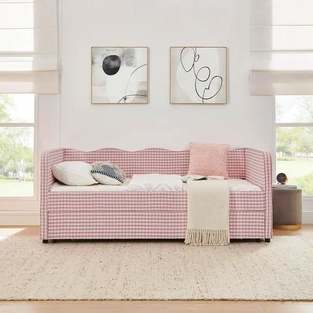Alt view image 2 of 7 - 3 in 1 Twin to King Daybed, Gingham Upholstered Daybed with Pop Up Trundle, Convertible Sofa Bed with Side Storage Pockets, Extendable Guest Bed Frame for Teens Adults Bedroom Living Room, Pink