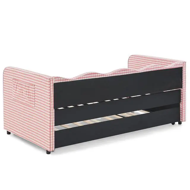 Alt view image 6 of 7 - 3 in 1 Twin to King Daybed, Gingham Upholstered Daybed with Pop Up Trundle, Convertible Sofa Bed with Side Storage Pockets, Extendable Guest Bed Frame for Teens Adults Bedroom Living Room, Pink