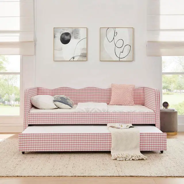 Alt view image 5 of 7 - 3 in 1 Twin to King Daybed, Gingham Upholstered Daybed with Pop Up Trundle, Convertible Sofa Bed with Side Storage Pockets, Extendable Guest Bed Frame for Teens Adults Bedroom Living Room, Pink
