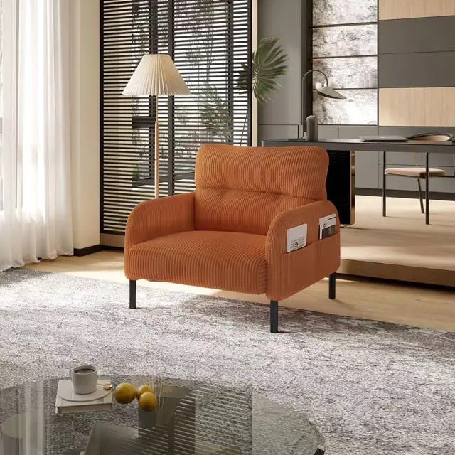 Main image of Comfy Single Sofa Chair with Wide Seat, Corduroy Upholstered Modern Accent Armchair with Side Pockets and Reinforced Legs, Living Room Readubg Chair for Bedroom, Waiting Room, Balcony, Orange