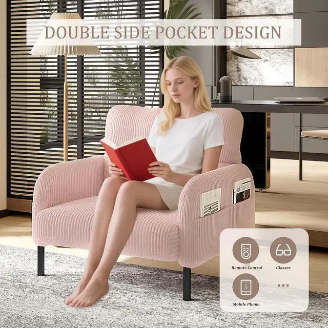 Alt view image 3 of 7 - Comfy Single Sofa Chair with Wide Seat, Corduroy Upholstered Modern Accent Armchair with Side Pockets and Reinforced Legs, Living Room Readubg Chair for Bedroom, Waiting Room, Balcony, Pink