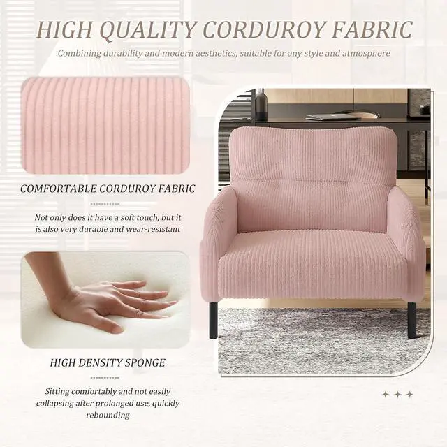 Alt view image 4 of 7 - Comfy Single Sofa Chair with Wide Seat, Corduroy Upholstered Modern Accent Armchair with Side Pockets and Reinforced Legs, Living Room Readubg Chair for Bedroom, Waiting Room, Balcony, Pink