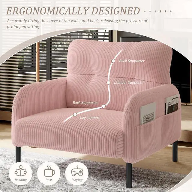 Alt view image 6 of 7 - Comfy Single Sofa Chair with Wide Seat, Corduroy Upholstered Modern Accent Armchair with Side Pockets and Reinforced Legs, Living Room Readubg Chair for Bedroom, Waiting Room, Balcony, Pink