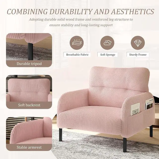 Alt view image 5 of 7 - Comfy Single Sofa Chair with Wide Seat, Corduroy Upholstered Modern Accent Armchair with Side Pockets and Reinforced Legs, Living Room Readubg Chair for Bedroom, Waiting Room, Balcony, Pink