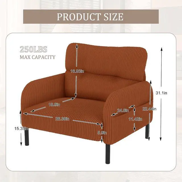 Alt view image 2 of 7 - Comfy Single Sofa Chair with Wide Seat, Corduroy Upholstered Modern Accent Armchair with Side Pockets and Reinforced Legs, Living Room Readubg Chair for Bedroom, Waiting Room, Balcony, Orange