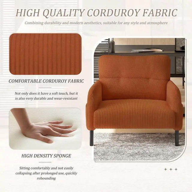 Alt view image 3 of 7 - Comfy Single Sofa Chair with Wide Seat, Corduroy Upholstered Modern Accent Armchair with Side Pockets and Reinforced Legs, Living Room Readubg Chair for Bedroom, Waiting Room, Balcony, Orange
